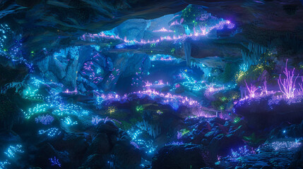 Bioluminescent caves reveal an underground neon landscape, hidden earth connections. - obrazy, fototapety, plakaty