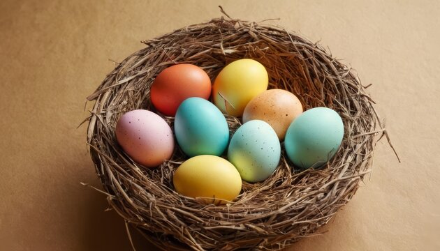 Happy Easter day decoration colorful eggs in nest on paper background