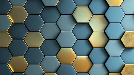 Metallic blue and gold hexagons on a gradient for a luxurious high-tech look.