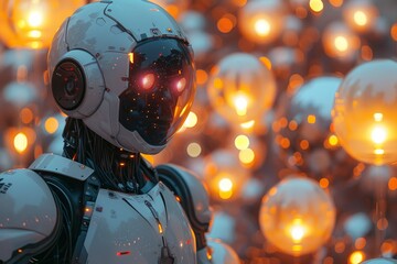 A close-up depiction of a robotic entity with a striking red visor against a backdrop of warm floating orbs - obrazy, fototapety, plakaty