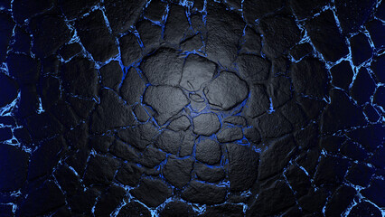 Abstract rock background with blue gaps between the stones. Mainers underground with center light. Molten blue cracks and rocks.