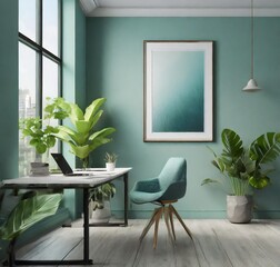 modern living room set of 1 wall art mockup frame in a office type room plain wall, side view, light green vibe, front view, greenery