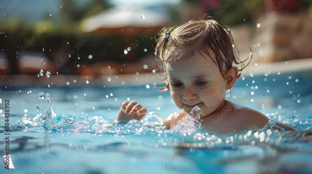 Poster a small child having fun in a pool. ideal for summer themed designs