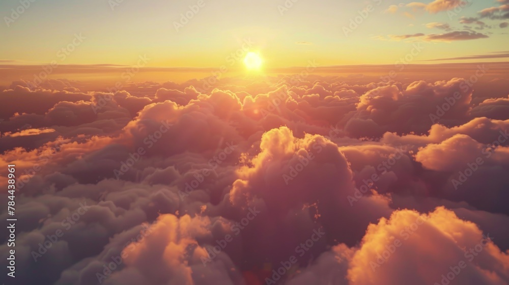 Poster a serene sunset scene with clouds in the sky. suitable for various backgrounds