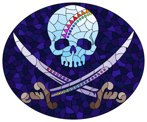 A stained glass illustration with a skull and daggers on a blue background, oval image