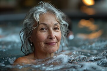Obraz premium An elderly woman enjoys a tranquil moment submerged in a pool with her hair floating around, reflecting serenity