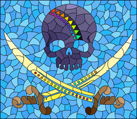Stained glass illustration with a skull and daggers on a blue background