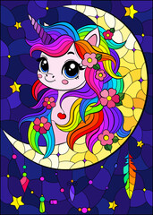 Stained glass illustration with a cute cartoon unicorn and a moon on a starry sky background
