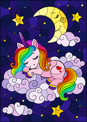 A stained glass illustration with a cute cartoon unicorn sleeping on a cloud and a moon on a starry sky background