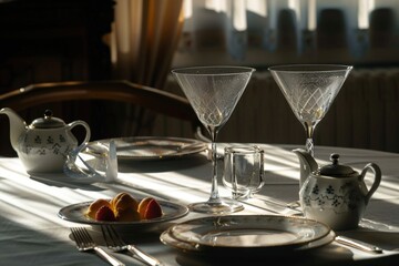 Table set for two with tea pot and glasses, perfect for dining or tea party