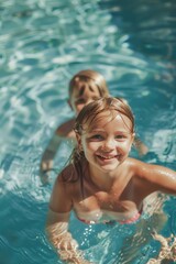 Fototapeta na wymiar Two little girls having fun in a pool, great for summer activities concept