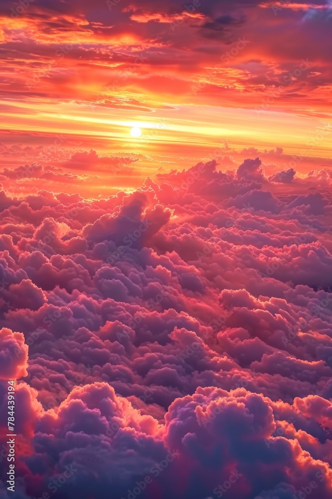 Poster a stunning view of the sun setting over a cloudy sky. perfect for nature and weather themed projects