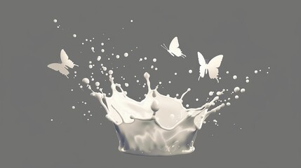 On a gray background, an isolated milk splash, a crown shape, and white liquid silhouettes of flying butterflies.