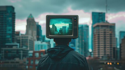 A quirky image of a person with a television on their head. Perfect for creative and unique concepts