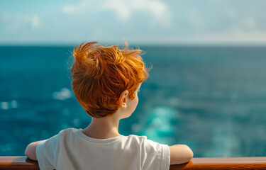 Fototapeta premium A young red-haired boy leans on a railing, gazing into the swirling blue sea waves, lost in thought. His casual summer attire reflects a moment of leisure and contemplation.