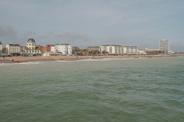 Obraz premium April 2023, Worthing, West Sussex, England, Uk, Beach and building around worthing seafront