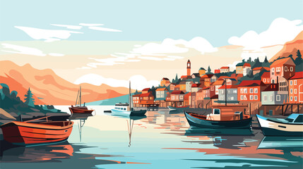 Karaburun Village harbor view in Istanbul .. 2d flat - obrazy, fototapety, plakaty