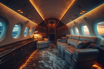 Warm lighting fills a premium private jet interior with luxurious leather seats, offering a cozy and upscale travel atmosphere