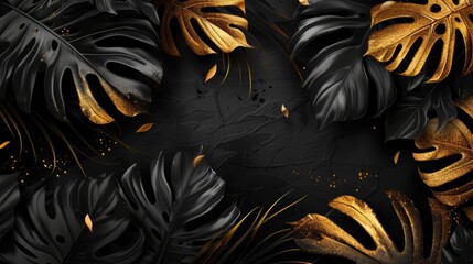 The black gold monstera leaves on a dark background. A beautiful botanical design with tropical jungle leaves and exotic plants. A banner for a wedding invitation or for a holiday sale. - obrazy, fototapety, plakaty
