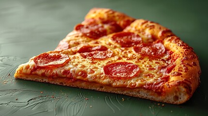 A 3D sticker of a delicious slice of pizza, positioned on a solid green background, appealing to...