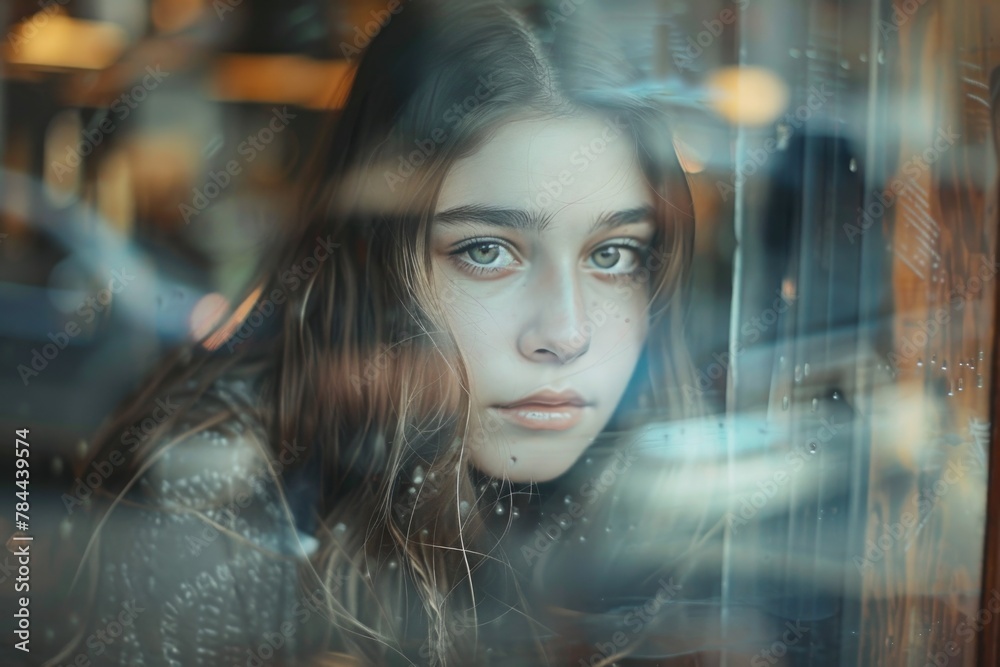Poster a woman looking out of a window. suitable for various concepts and designs