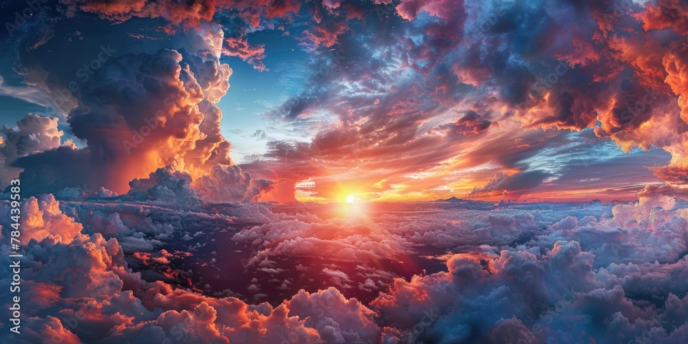 Poster a beautiful sunset over a cloudy sky. perfect for nature and weather-related projects