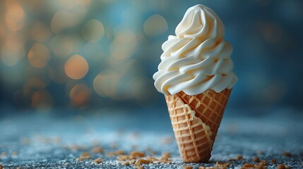 A 3D sticker of a delicious ice cream cone, positioned on a solid blue background, appealing to...
