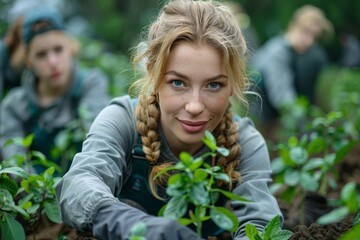 Close-up image portraying a focused woman with braided hair tending to garden plants carefully