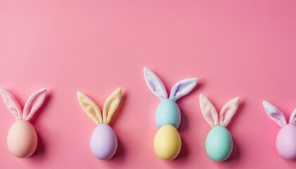 Holiday Easter background of colorful pastel Easter eggs and bunny ears on pink table top view