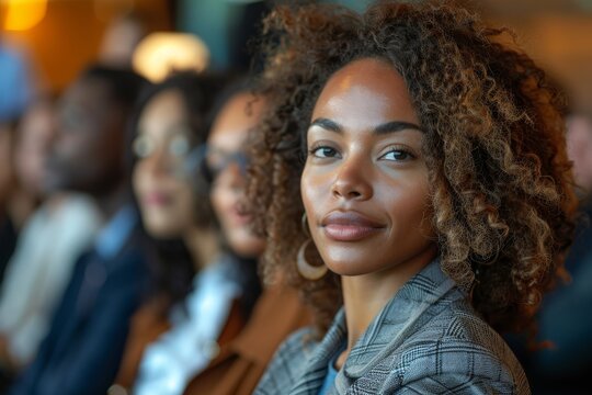 Clear view of a curly-haired female attendee listening at a professional seminar or conference