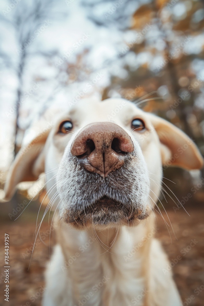 Poster close up of a dog's face with trees in the background. suitable for pet lovers or nature enthusiasts