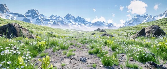 Alpine Meadow with Wildflowers and Snowy Peaks, Perfect for Vibrant Landscape Photography - obrazy, fototapety, plakaty