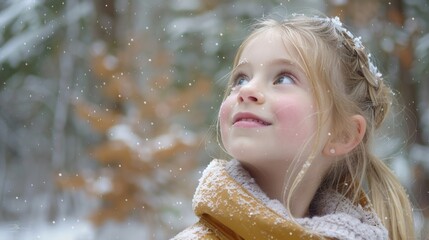 Young girl in a yellow coat gazing up at the sky. Suitable for weather or childhood themes