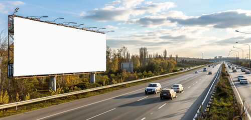 Alongside a bustling highway, a blank banner mockup flaps gently in the wind, beckoning to advertisers to fill it with a compelling message - obrazy, fototapety, plakaty