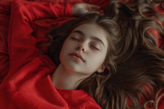 A peaceful image of a young girl resting on a bed. Suitable for relaxation or sleep-related content