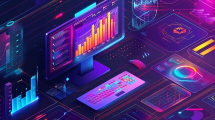 A productivity and improvement system, data analysis charts on the computer monitor, business integration 3D modern illustration, web banner, line art for an ERP system.