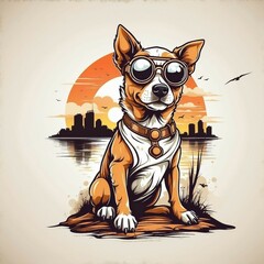 illustration of a dog with a sunset background for t-shirt