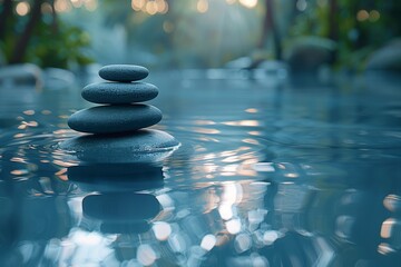 Peaceful image with a stack of smooth stones balanced in water capturing the essence of zen meditation