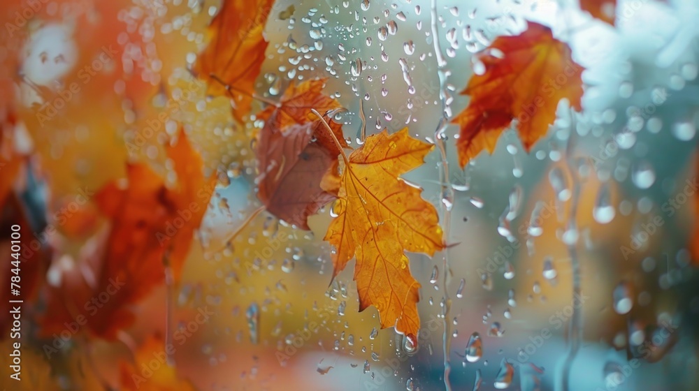 Poster close-up of a window with leaves, suitable for nature or autumn themes