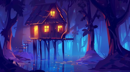 In a dark forest, a wooden stilt house stands on piles. An old shack with glow windows reflects the background of a computer game. Witch hut, fantasy mystic landscape in the deep woods, cartoon - obrazy, fototapety, plakaty