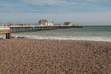 Obraz premium April 2023, Worthing, West Sussex, England, Uk, Beach and building around worthing seafront