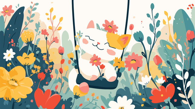 Kitten on Swing with Spring Flowers Clipart 2d flat