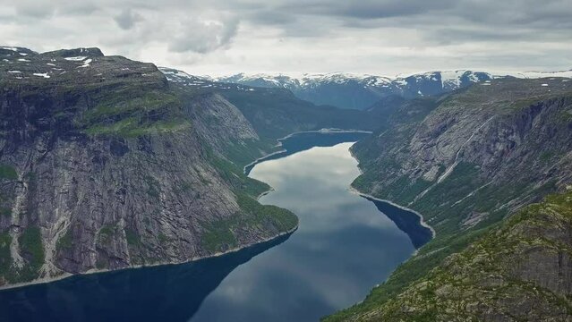 Trolltunga or Troll Tongue aerial view, a rock formation at the Hardangerfjord near Odda town in Hordaland, Norway
