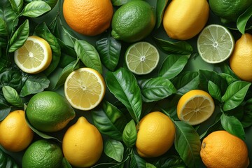 An assortment of vibrant, fresh citrus fruits nestled among rich green leaves showcasing freshness and nature - obrazy, fototapety, plakaty