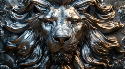A 3D sticker of a roaring lion, positioned on a solid silver background, symbolizing strength and...