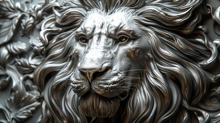 A 3D sticker of a roaring lion, positioned on a solid silver background, symbolizing strength and courage