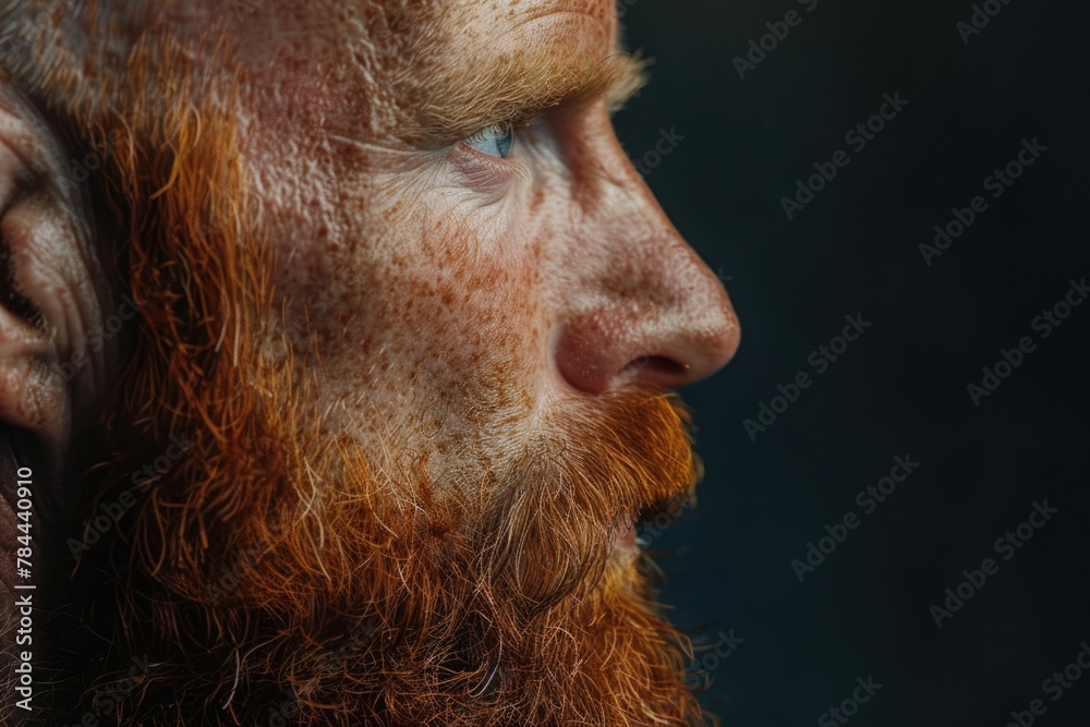 Poster A detailed shot of a man with a beard. Suitable for various projects