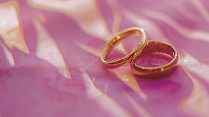 Wedding rings displayed on a pink cloth, suitable for wedding themes