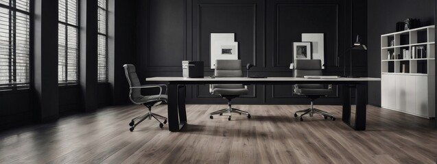 A monochrome photo showcases a laminate flooring office with grey tints and shades, minimalist furniture, and a contemporary workspace aesthetic.