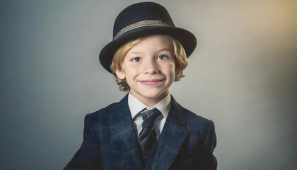 Vintage retro portrait of a boy with hat. Child in classic old-fashioned suit.